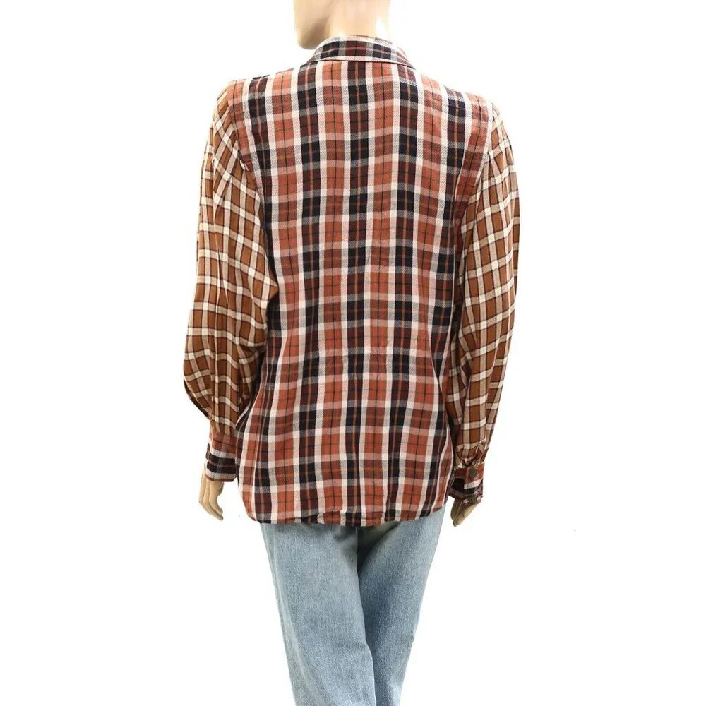 Free People Snow Mountain Plaid Buttondown Shirt Top Sequin Embellished S 274409 - Picture 5 of 7